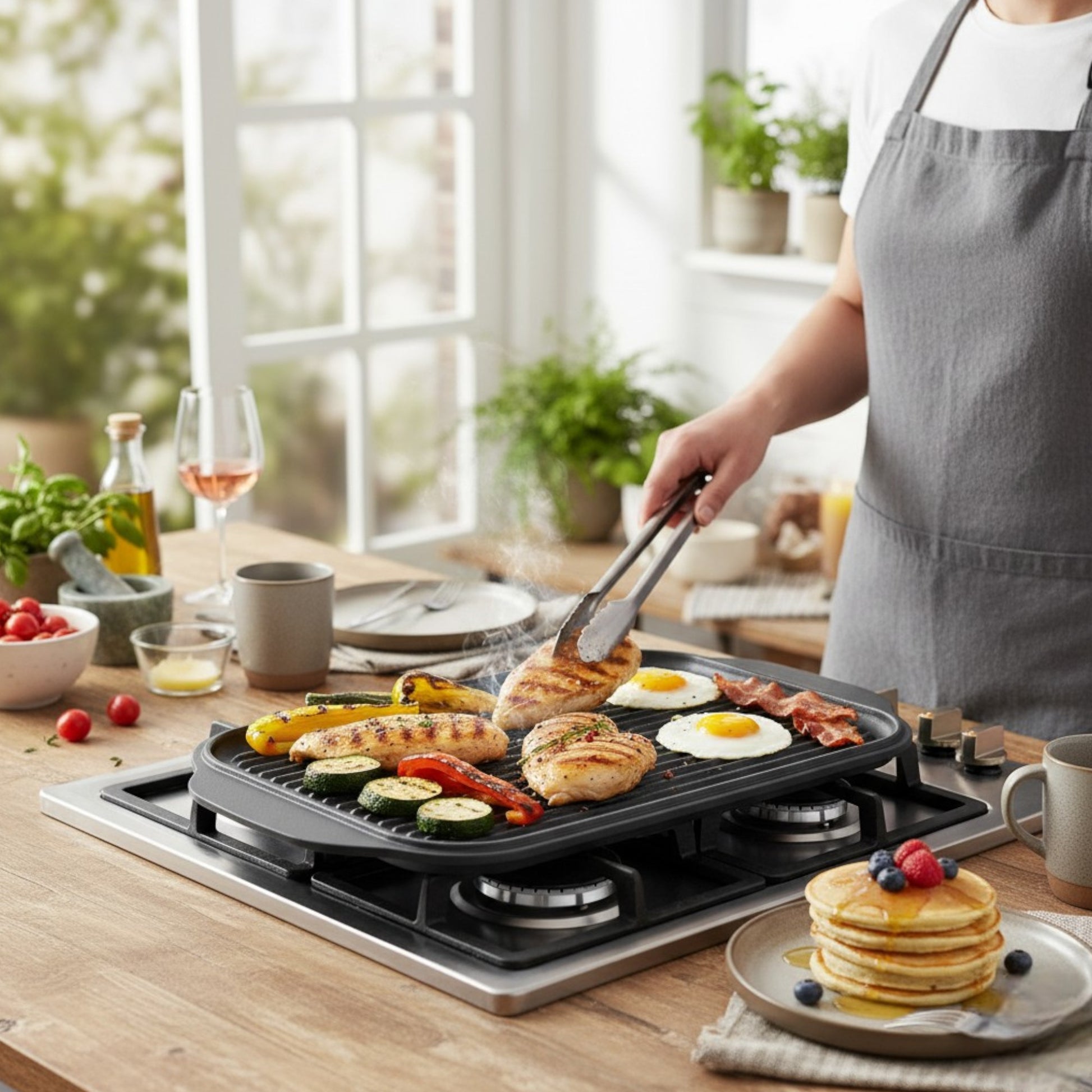 Heavy duty cast iron reversible grill pan tray for family cooking
