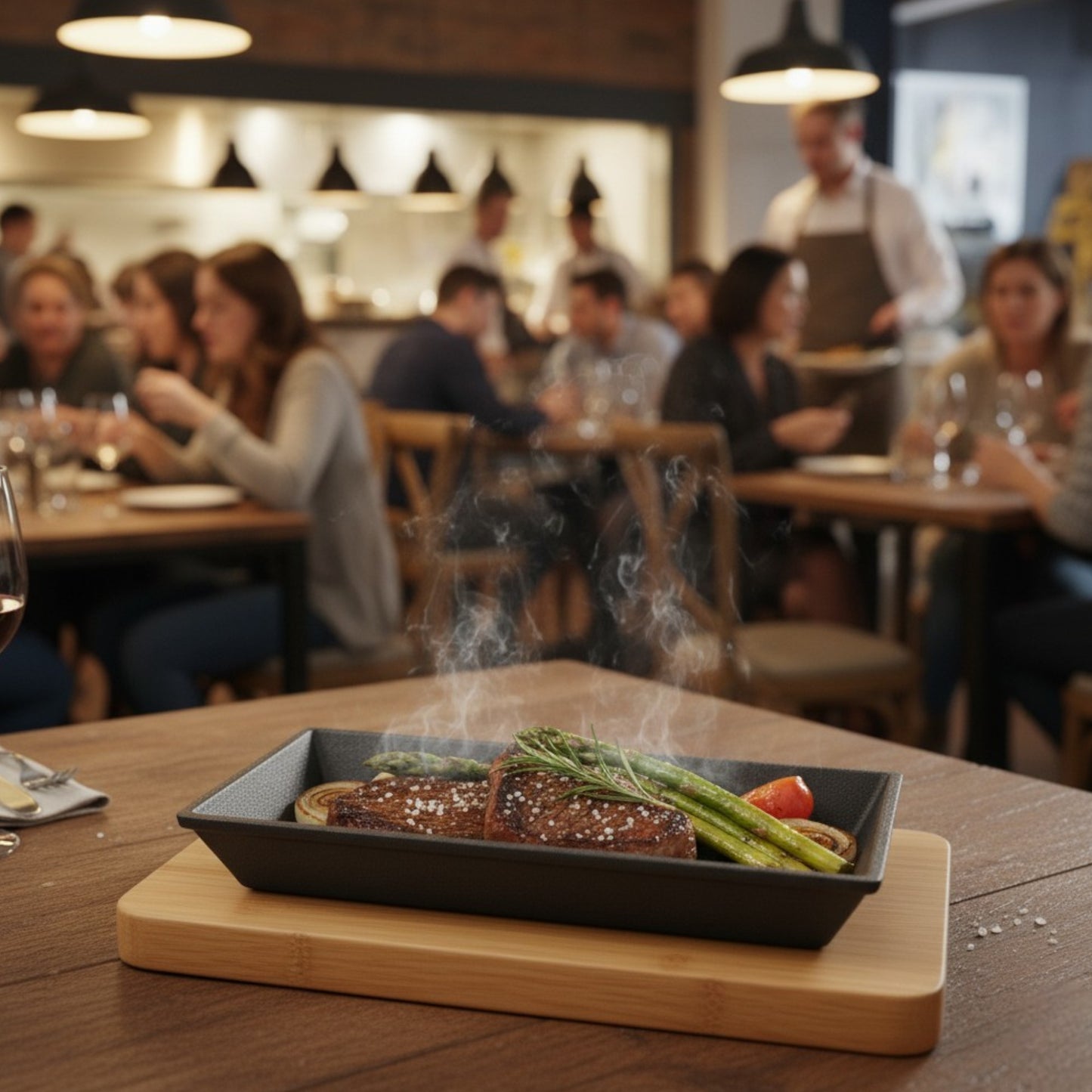 Pro Cast Iron Sizzling Dish with Wooden Serving Base, 25 x 18cm - Premium Kitchen from Chabrias Ltd - Just £24.99! Shop now at Chabrias Ltd