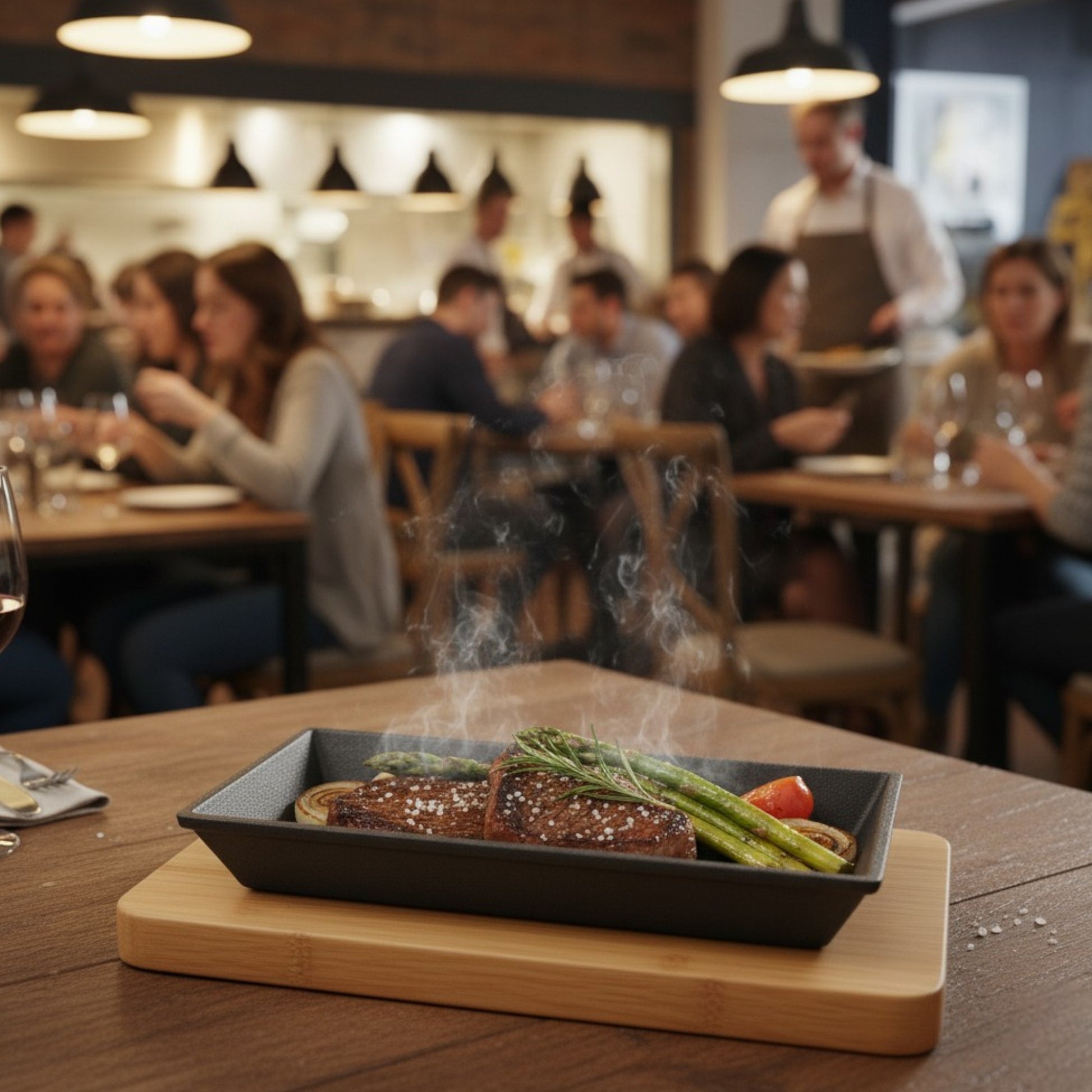Pro Cast Iron Sizzling Dish with Wooden Serving Base, 25 x 18cm - Premium Kitchen from Chabrias Ltd - Just £24.99! Shop now at Chabrias Ltd