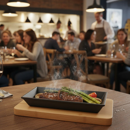 Pro Cast Iron Sizzling Dish with Wooden Serving Base, 25 x 18cm - Premium Kitchen from Chabrias Ltd - Just £24.99! Shop now at Chabrias Ltd