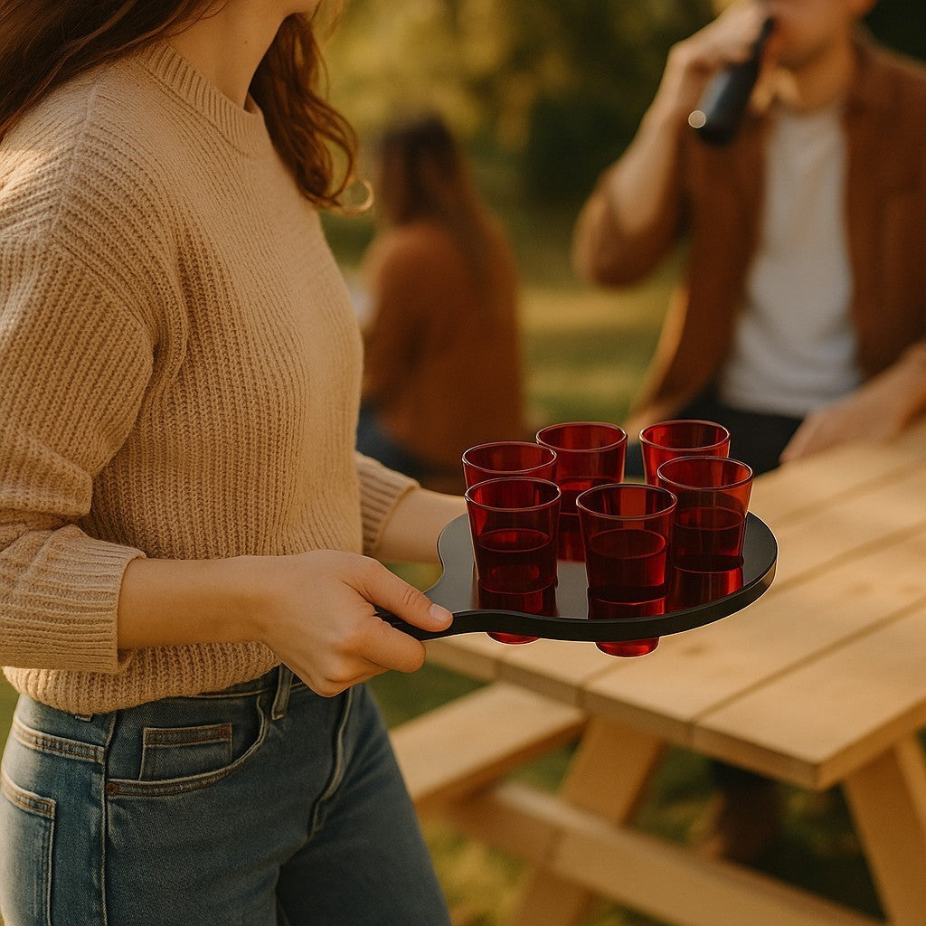 6-Hole Black Shot Glass Holder, With 6 Red Shot Glasses - Premium Kitchen from Chabrias Ltd - Just £9.99! Shop now at Chabrias Ltd