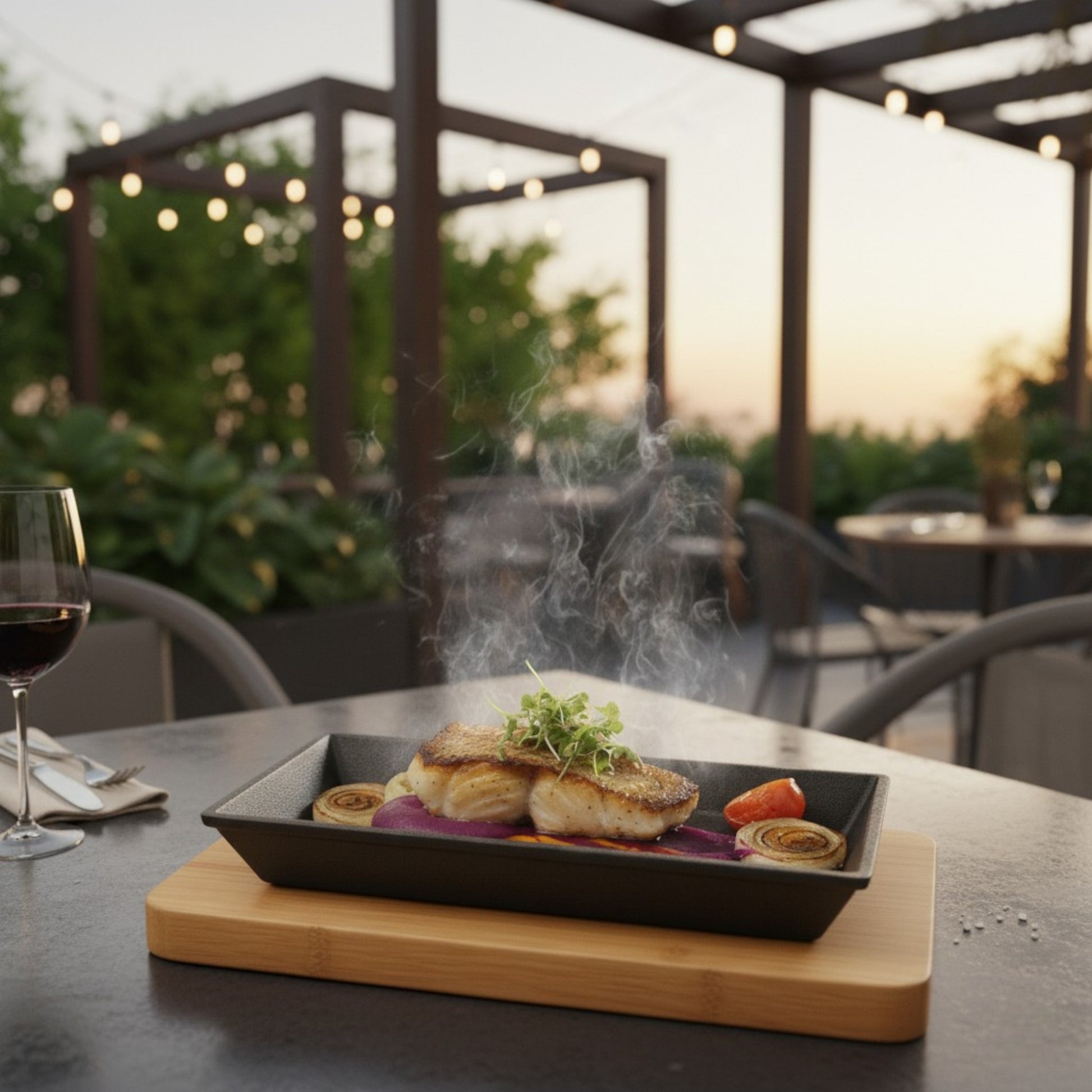 Pro Cast Iron Sizzling Dish with Wooden Serving Base, 25 x 18cm - Premium Kitchen from Chabrias Ltd - Just £24.99! Shop now at Chabrias Ltd