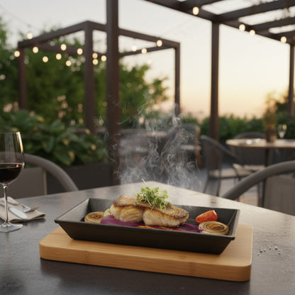 Pro Cast Iron Sizzling Dish with Wooden Serving Base, 25 x 18cm - Premium Kitchen from Chabrias Ltd - Just £24.99! Shop now at Chabrias Ltd