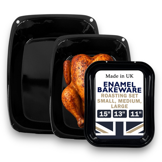 Vitreous Enamel Roasting Tray Set – Small, Medium & Large – 3-Piece – Great British Bakeware - Premium Kitchen from Chabrias Ltd - Just £23.99! Shop now at Chabrias Ltd