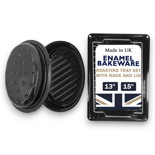 Vitreous Enamel Set – Oval Roaster & Large Baking Tray with Rack – 2-Piece – Great British Bakeware - Premium Kitchen from Chabrias Ltd - Just £28.99! Shop now at Chabrias Ltd