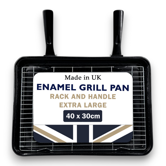 42cm Vitreous Enamel Grill Pan, Handle, Rack – Extra Large – Great British Cookware - Premium Kitchen from Chabrias Ltd - Just £22.99! Shop now at Chabrias Ltd