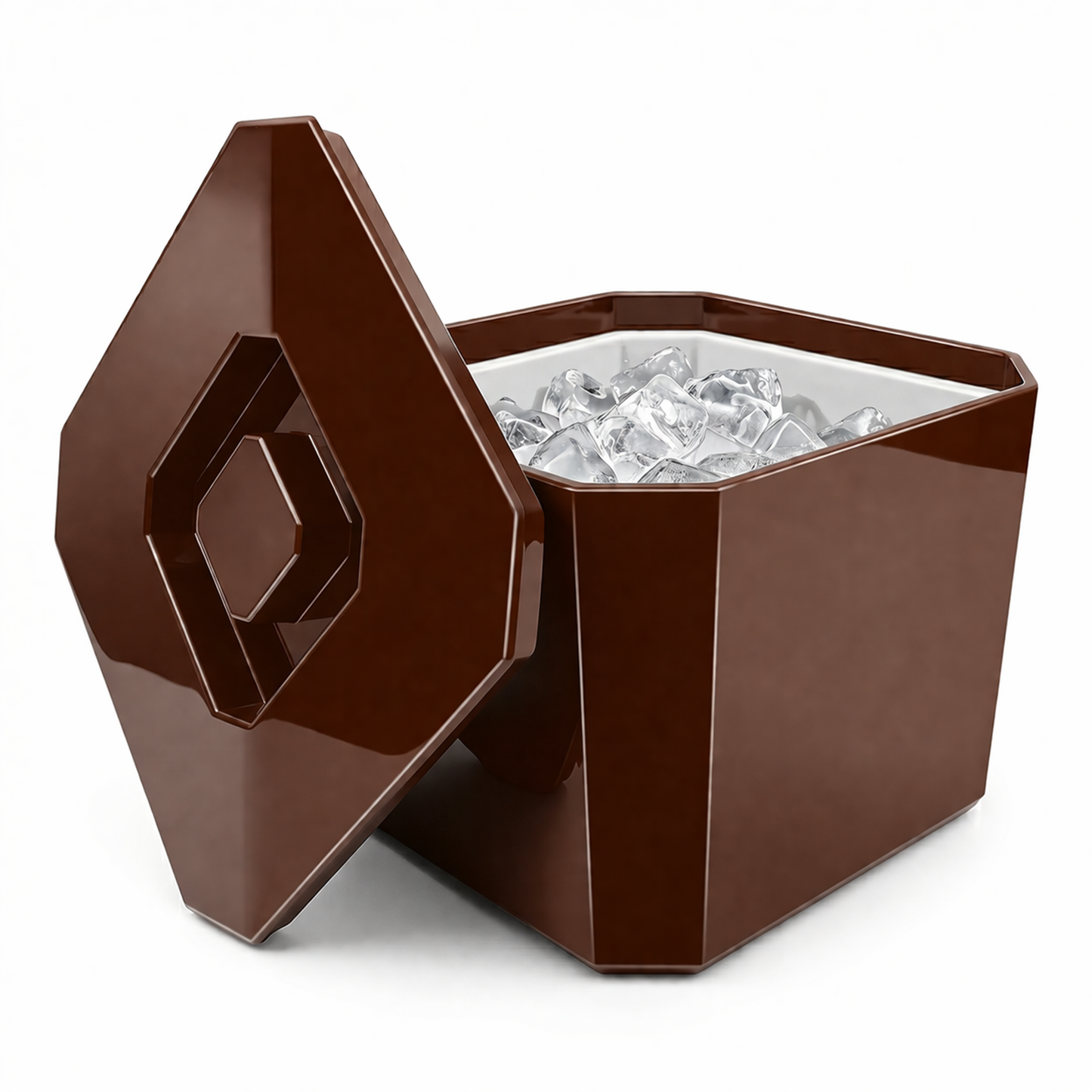 Brown ice bucket with a lid filled with ice cubes on a white background