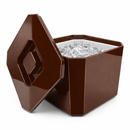 Brown ice bucket with a lid filled with ice cubes on a white background