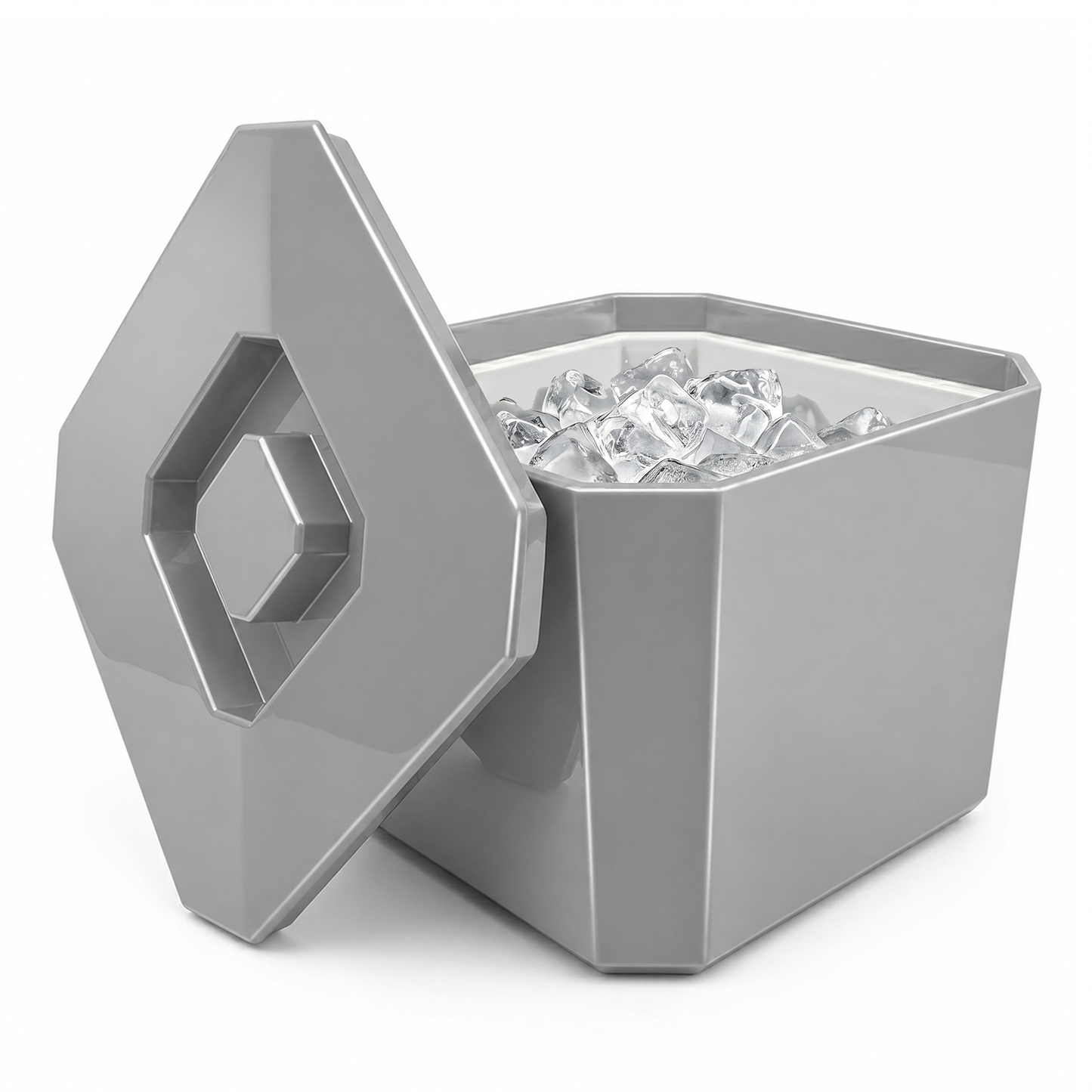 Gray ice bucket with geometric lid on a white background