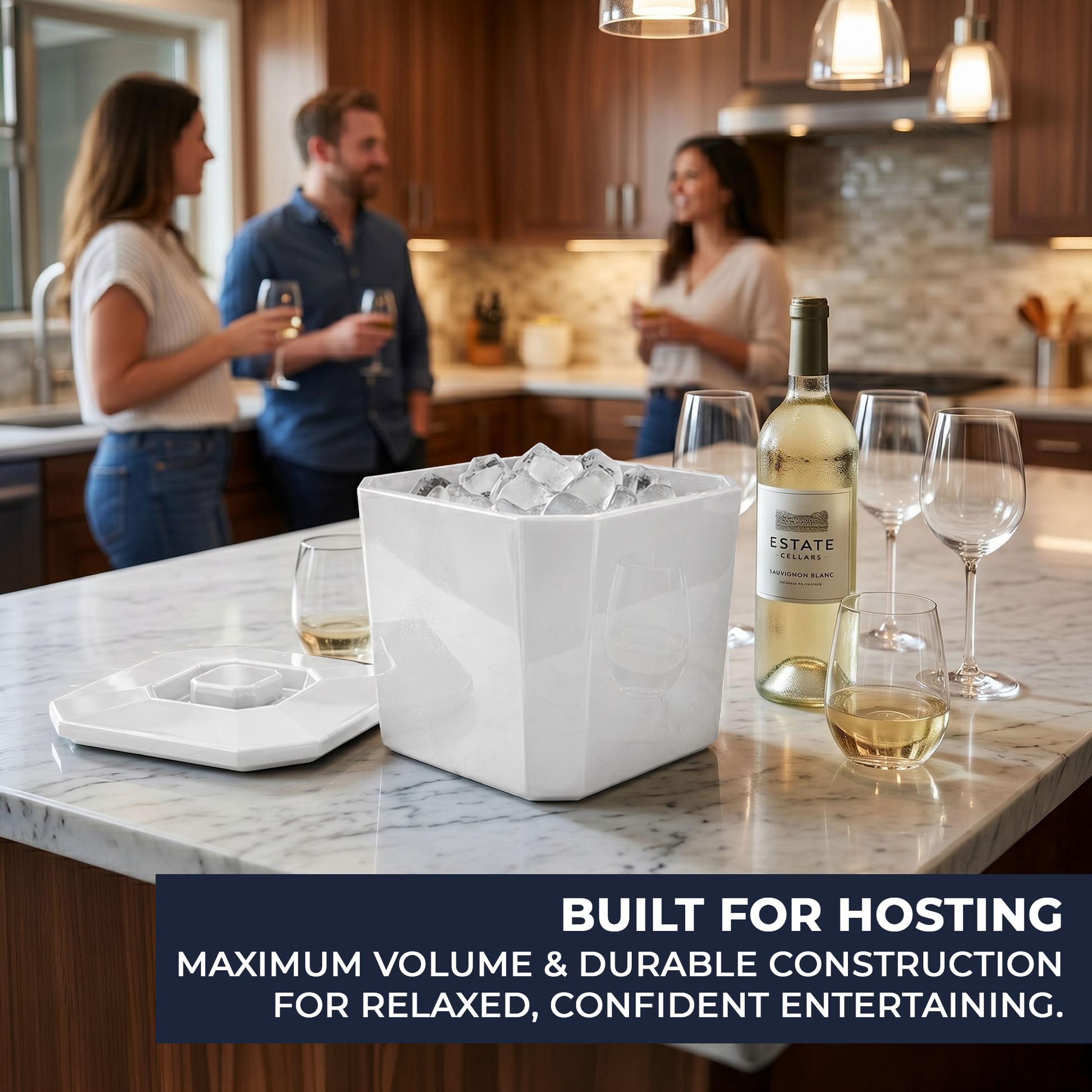 Octagonal white ice bucket for outdoor entertaining