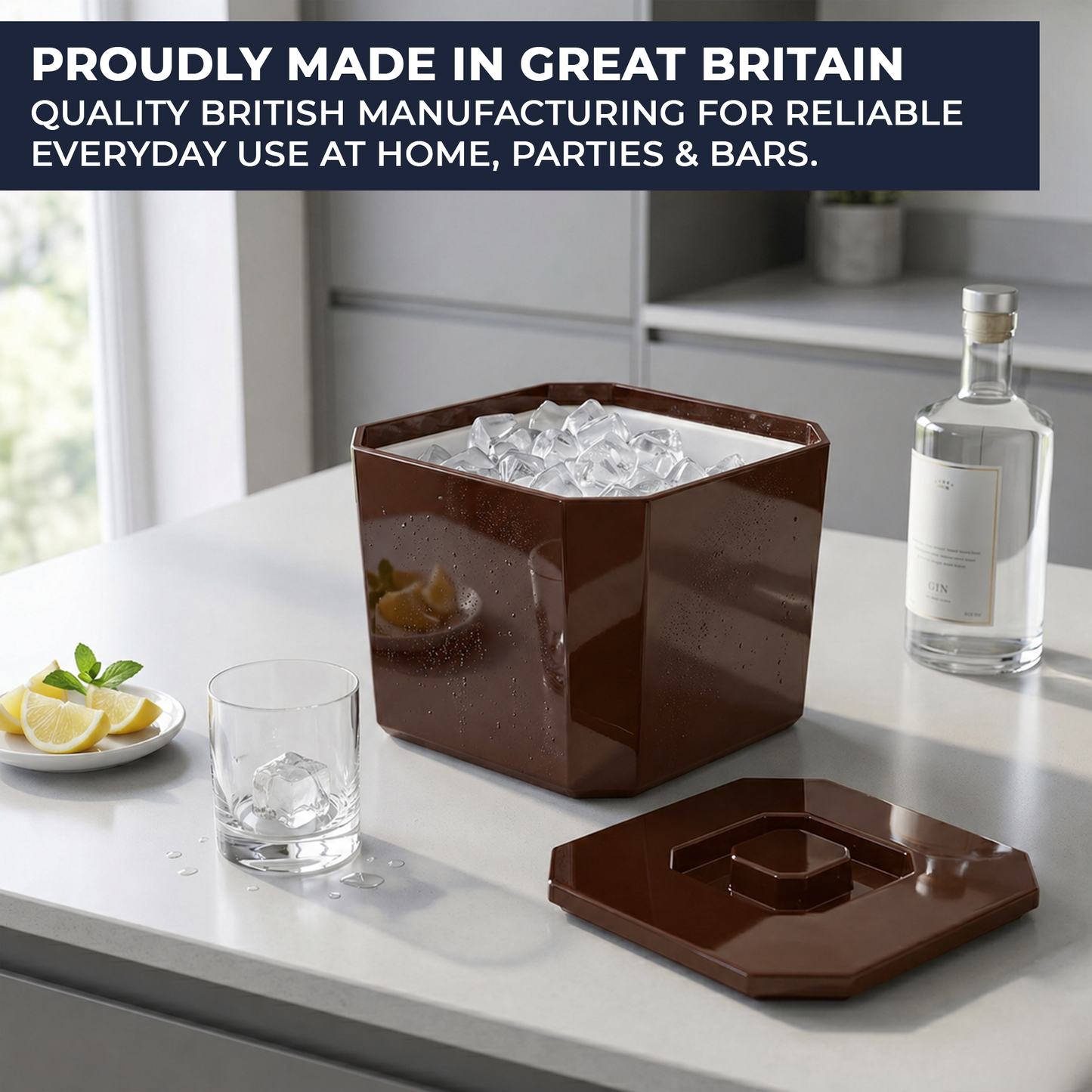 Octagonal brown ice bucket for outdoor entertaining