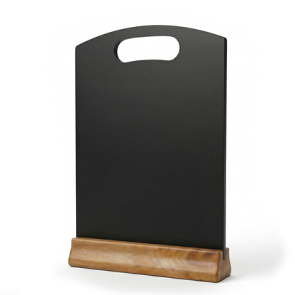 Black tabletop chalkboard sign with wooden base for restaurant menu displays