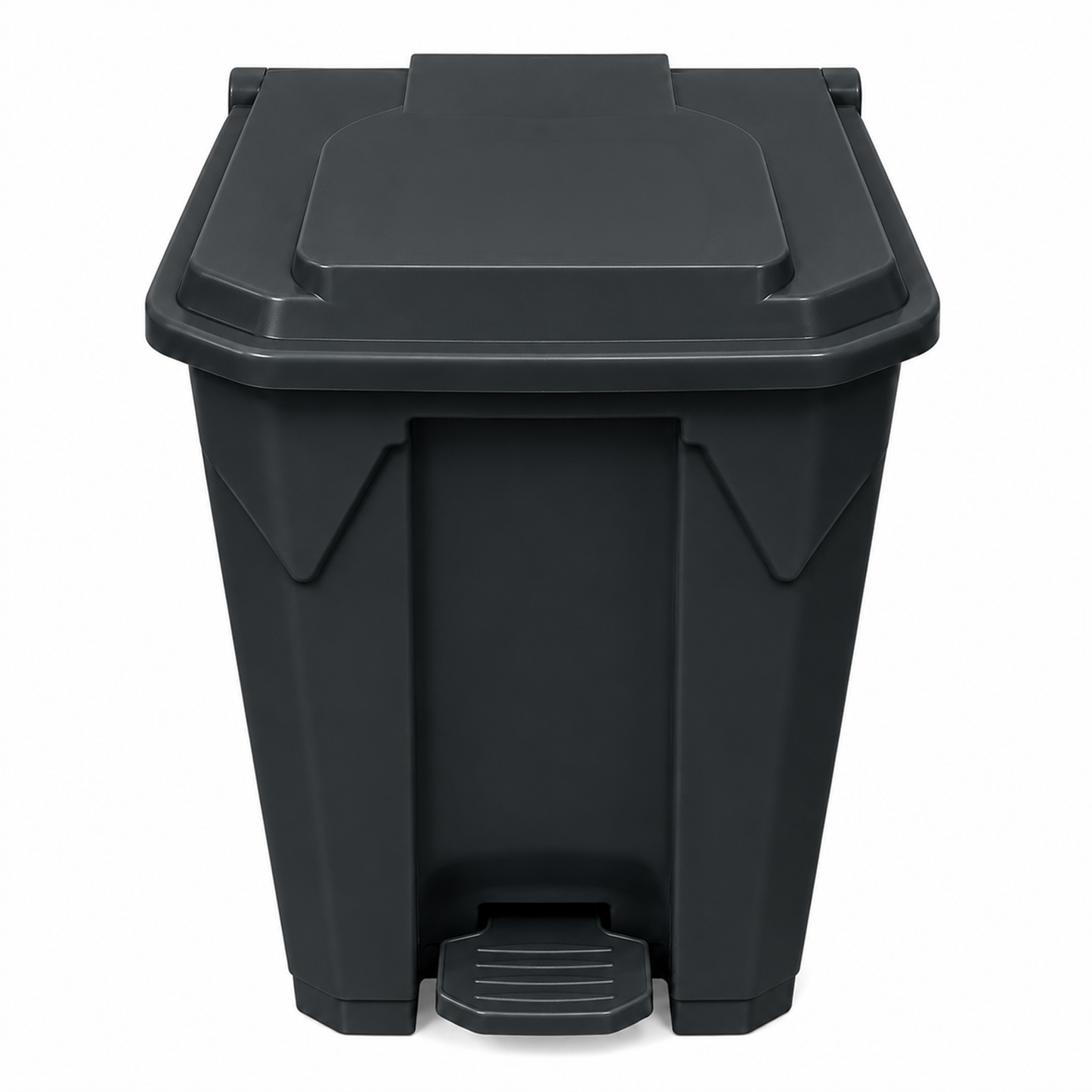 Black clinical waste bin with a step lid on a white background