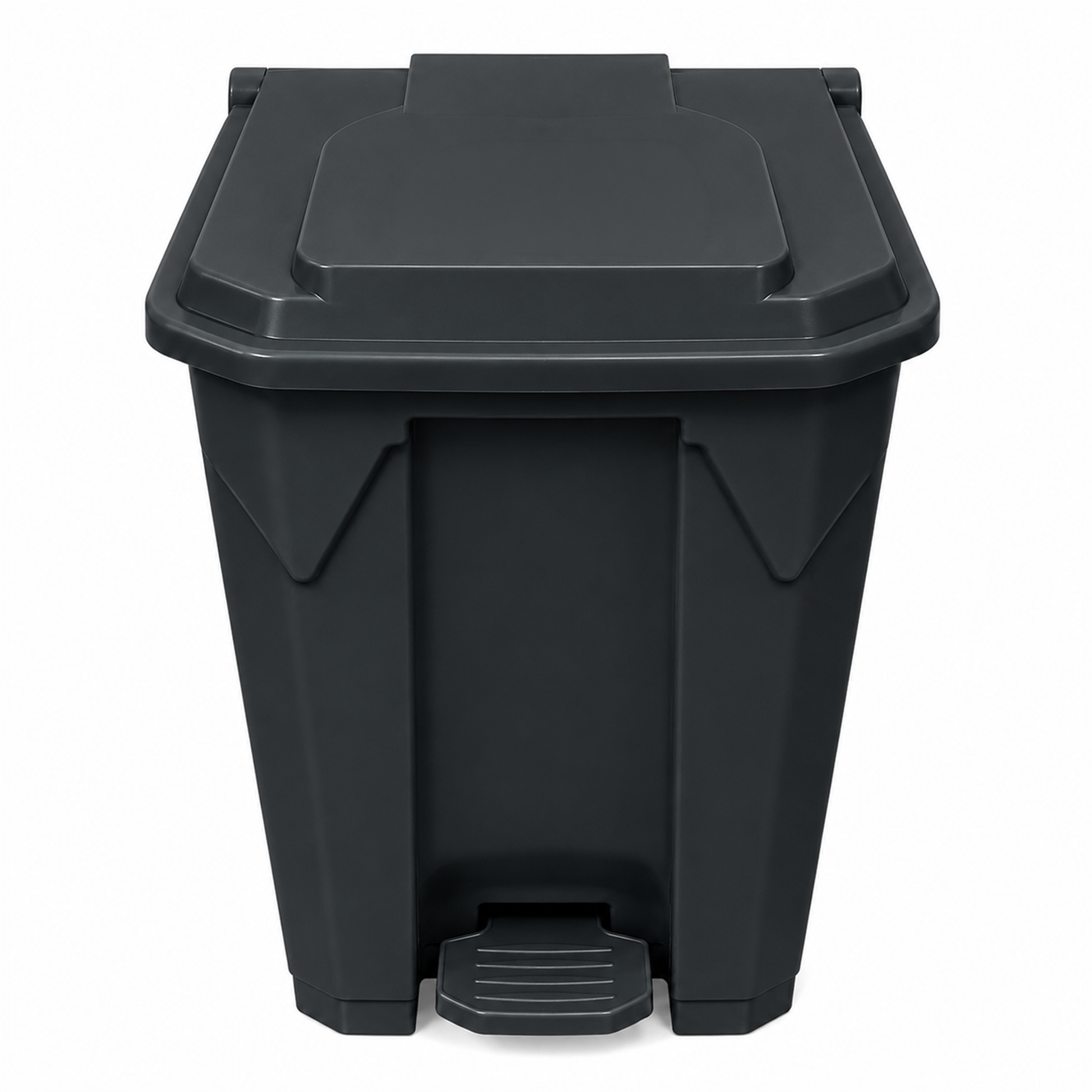 Black clinical waste bin with a step lid on a white background