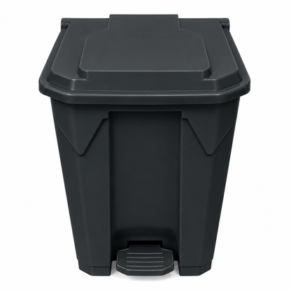 Black clinical waste bin with a step lid on a white background