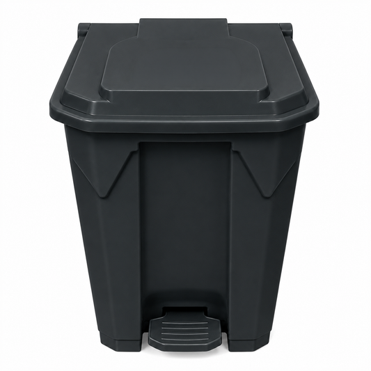 Black clinical waste bin with a step lid on a white background