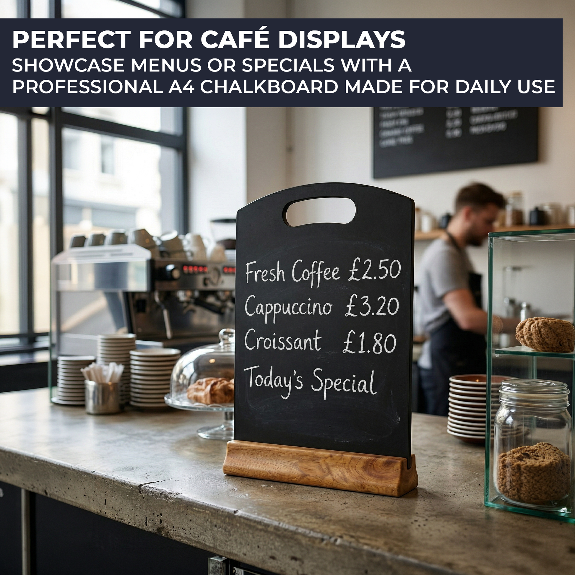 Freestanding blackboard sign with wooden stand for buffet food labels