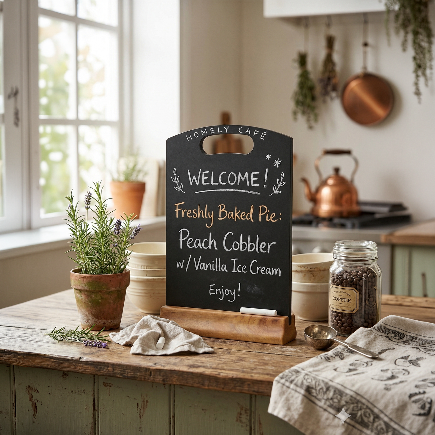 Tabletop menu board with wooden base for cafes pubs and catering businesses