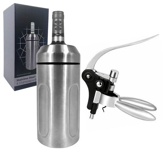 Iceless Wine Cooler & Corkscrew Bottle Opener Set, Stainless Steel Wine & Champagne Chiller
