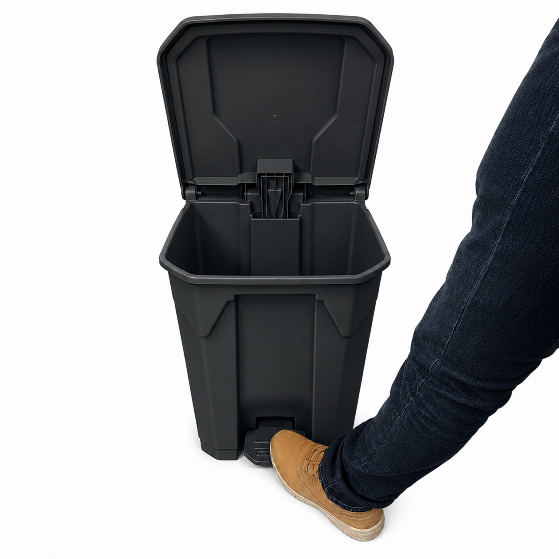 In-hand view of durable grey pedal bin lid and foot pedal mechanism