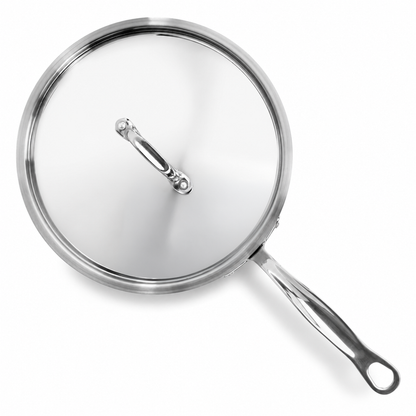 28cm tri-ply stainless steel chef pan with brushed body and polished curved lid