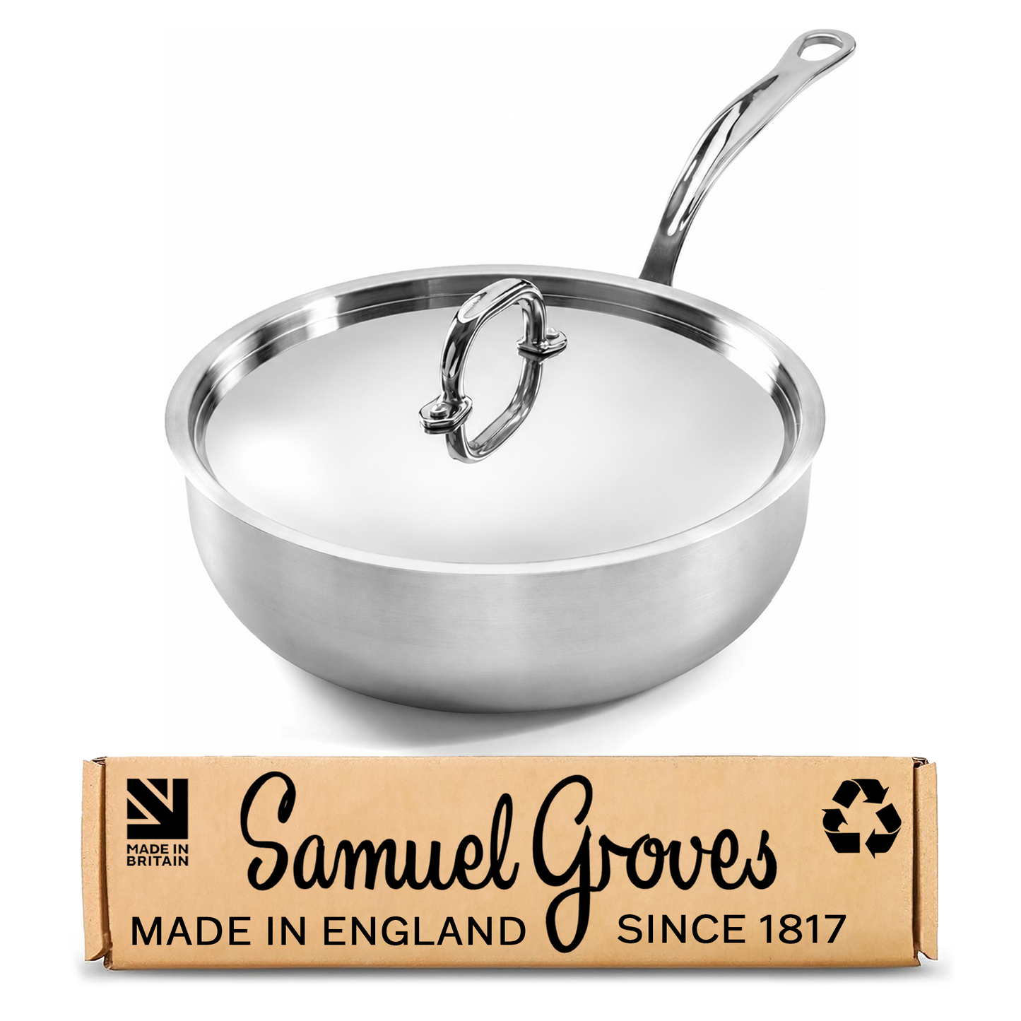 Samuel Groves 24cm stainless steel tri-ply chef pan with polished lid made in England
