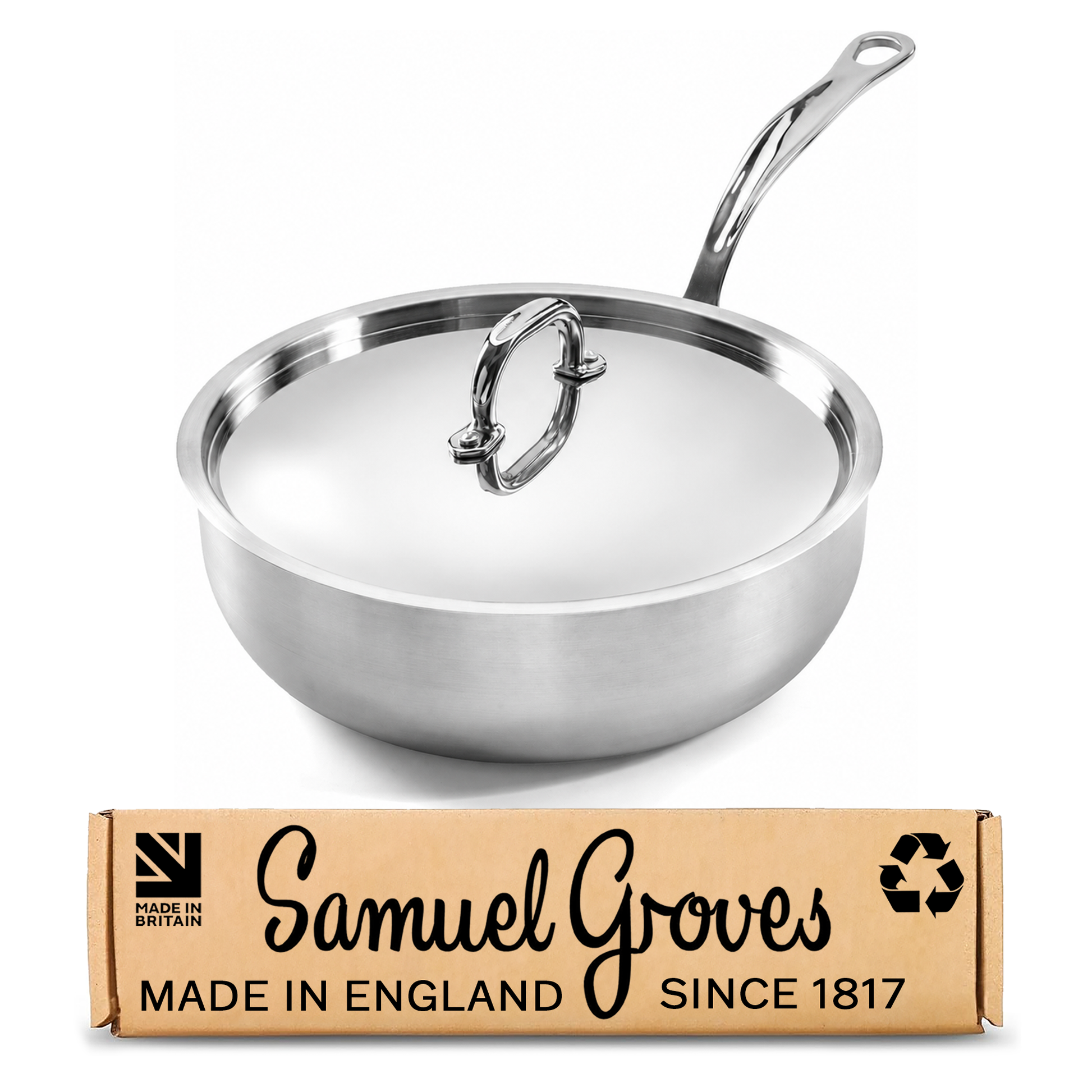 Samuel Groves 24cm stainless steel tri-ply chef pan with polished lid made in England
