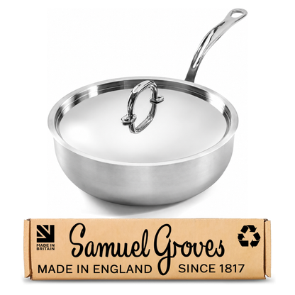 Samuel Groves 24cm stainless steel tri-ply chef pan with polished lid made in England

