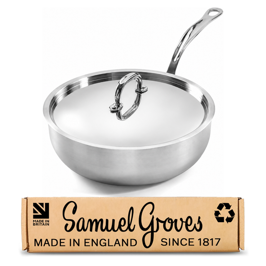 Samuel Groves 24cm stainless steel tri-ply chef pan with polished lid made in England
