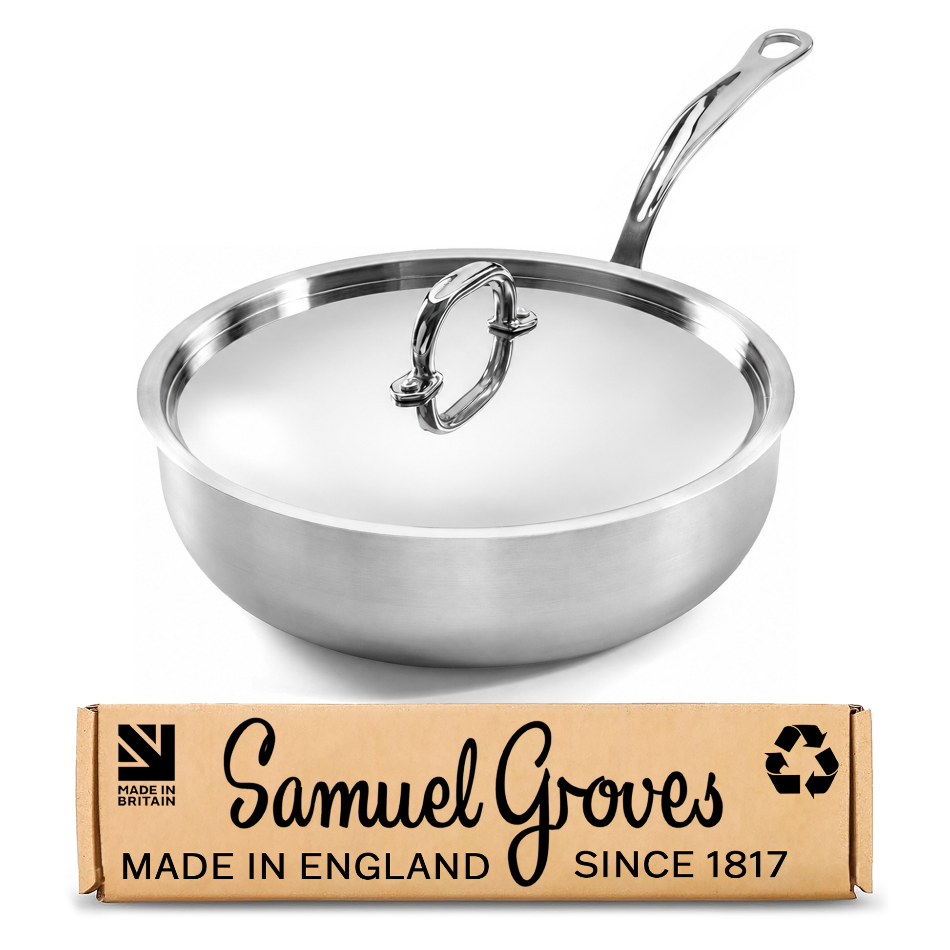 Samuel Groves 26cm stainless steel tri-ply chef pan with polished lid made in England
