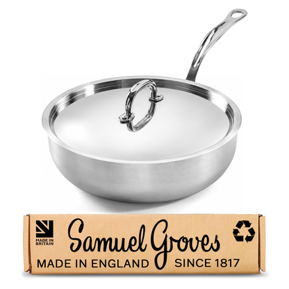 Samuel Groves 26cm stainless steel tri-ply chef pan with polished lid made in England
