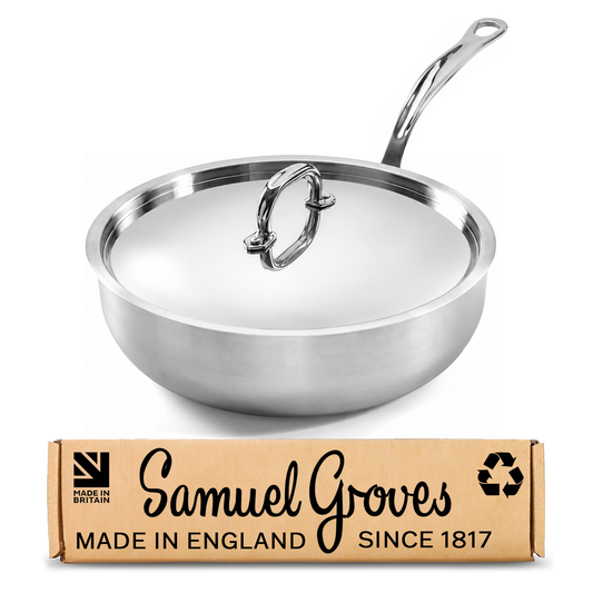 Samuel Groves 26cm stainless steel tri-ply chef pan with polished lid made in England
