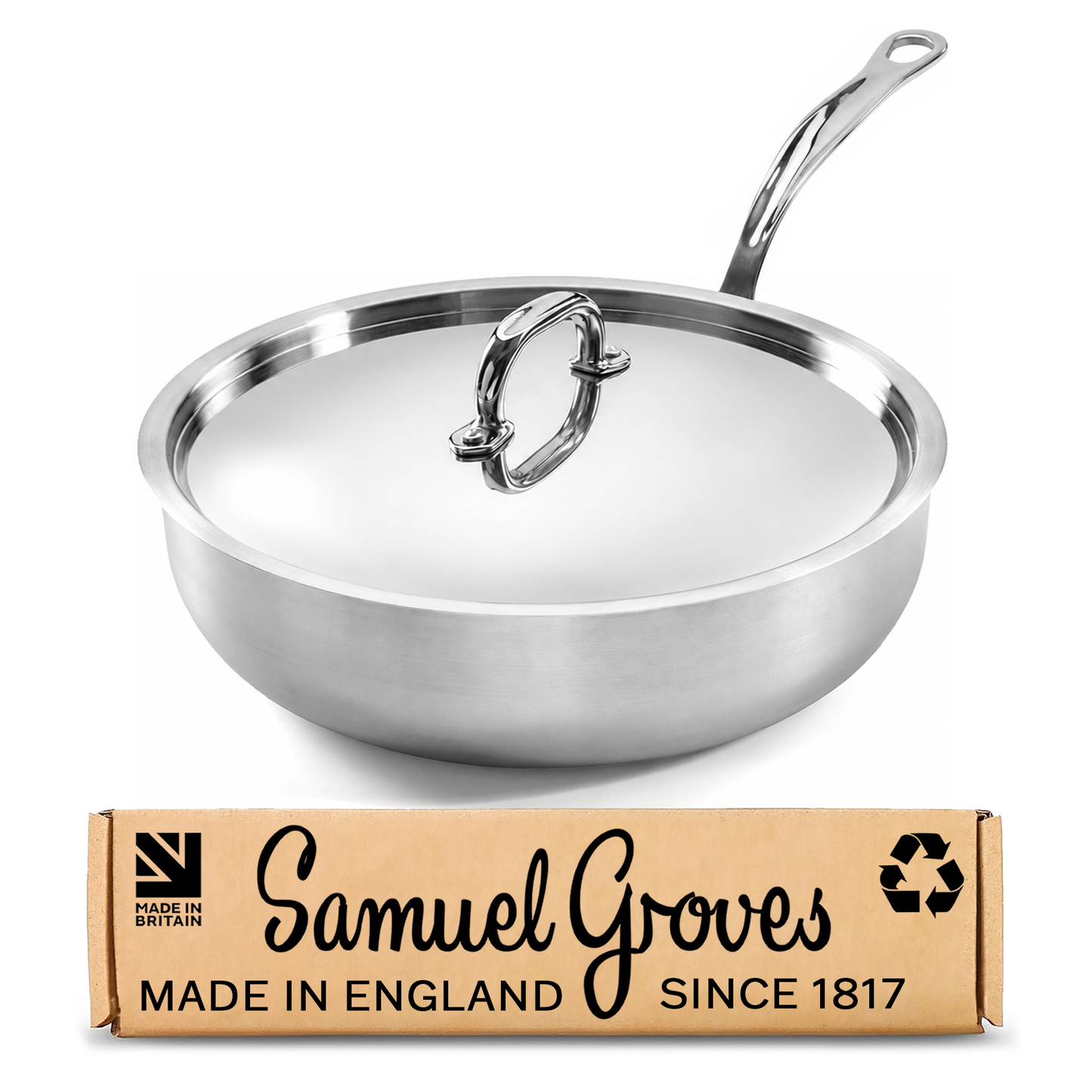 Samuel Groves 28cm stainless steel tri-ply chef pan with polished lid made in England
