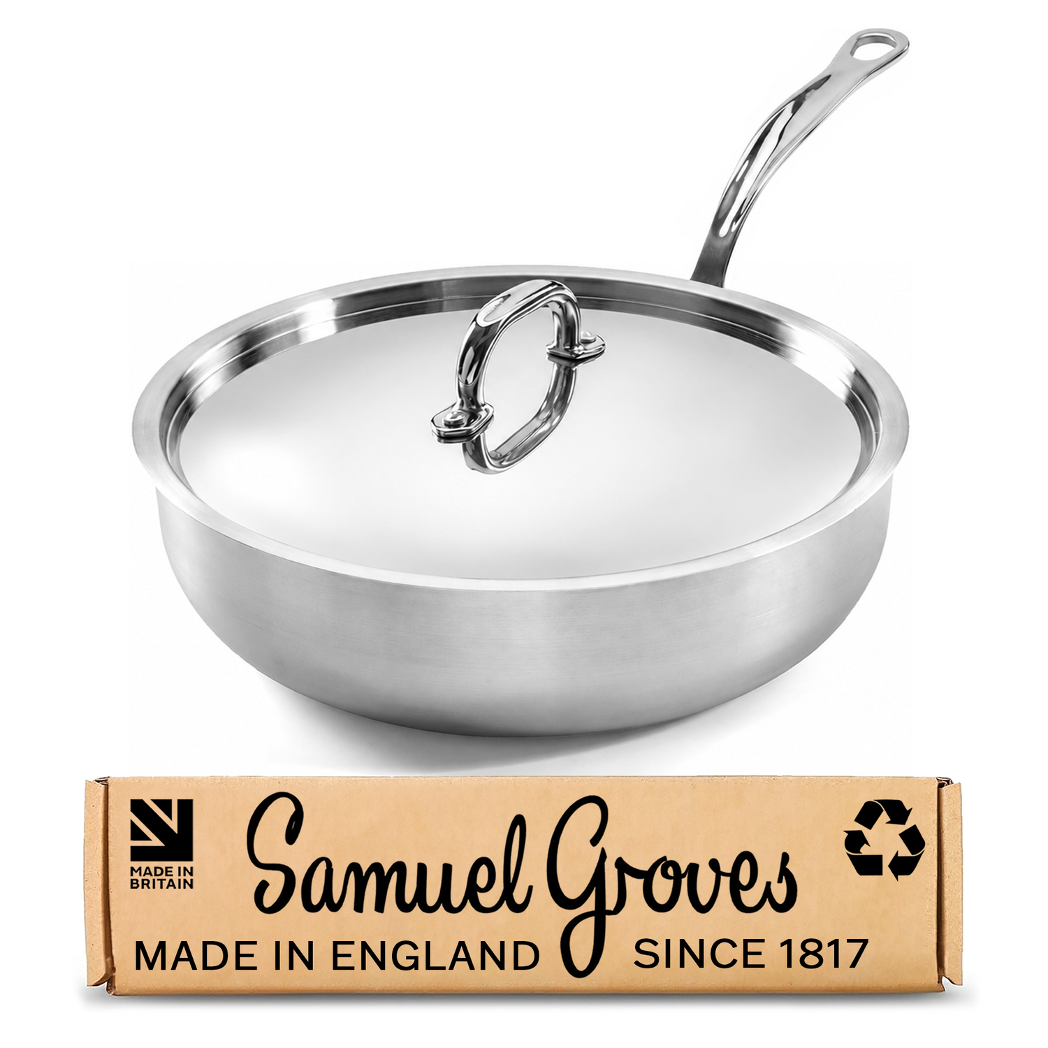 Samuel Groves 28cm stainless steel tri-ply chef pan with polished lid made in England