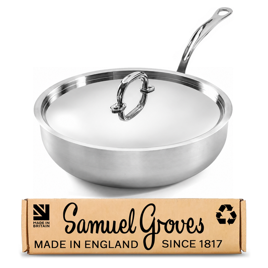 Samuel Groves 28cm stainless steel tri-ply chef pan with polished lid made in England