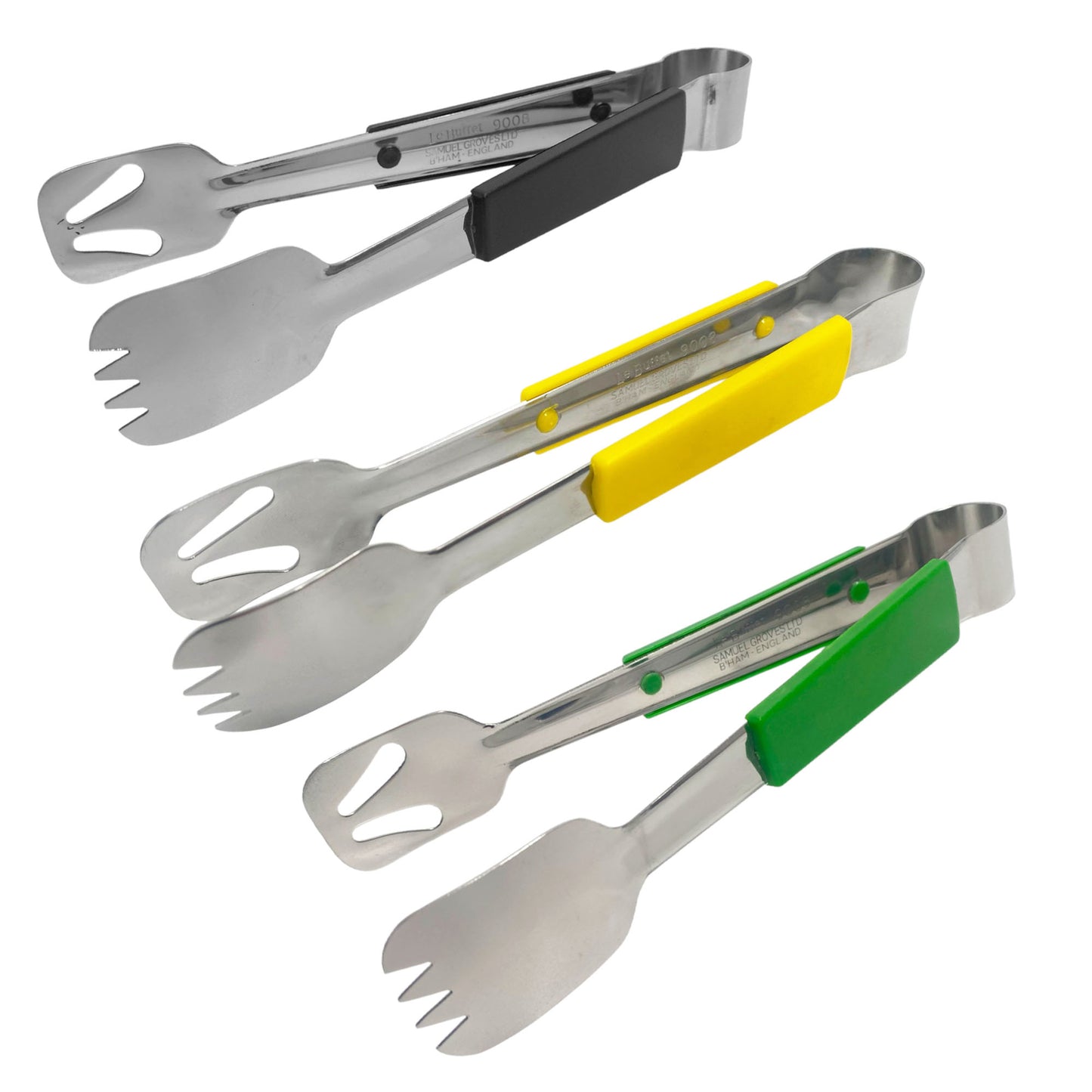 Le Buffet Stainless Steel Serving Tongs Set – Colour Coded Handles (Black, Yellow, Green) - Premium Kitchen from Chabrias Ltd - Just £25.99! Shop now at Chabrias Ltd