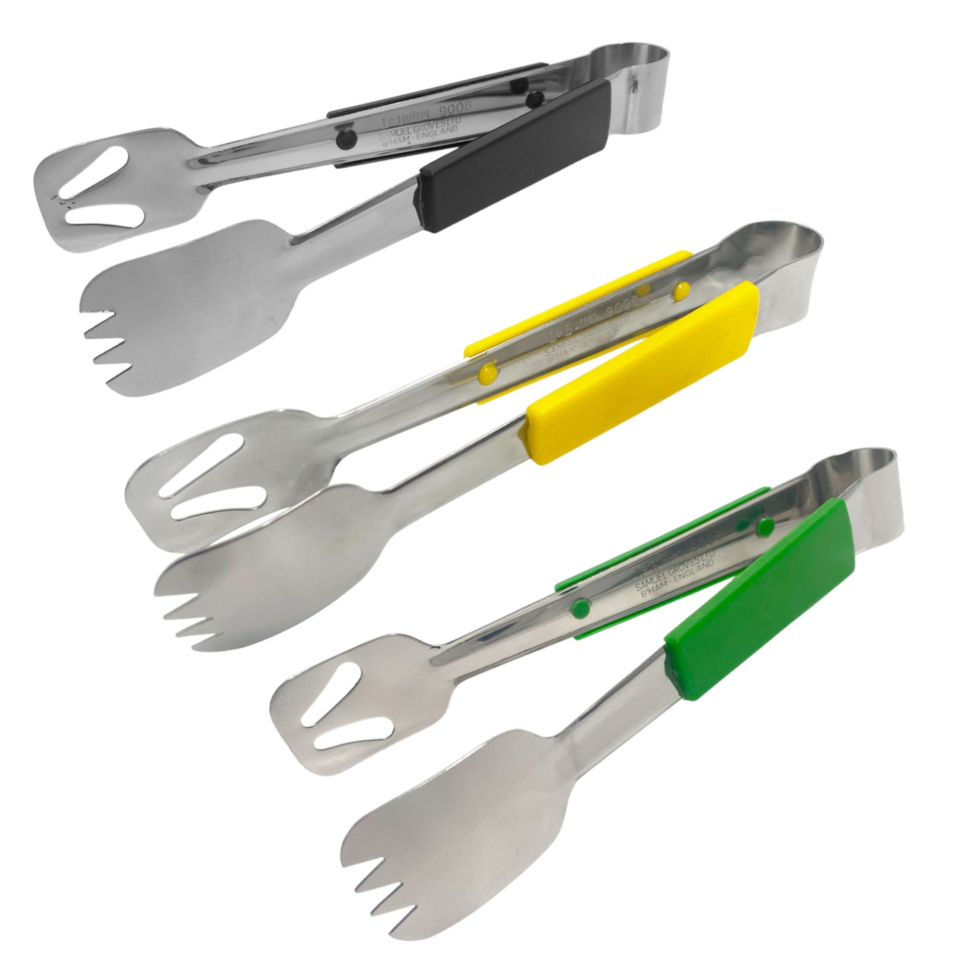 Le Buffet Stainless Steel Serving Tongs Set – Colour Coded Handles (Black, Yellow, Green) - Premium Kitchen from Chabrias Ltd - Just £25.99! Shop now at Chabrias Ltd
