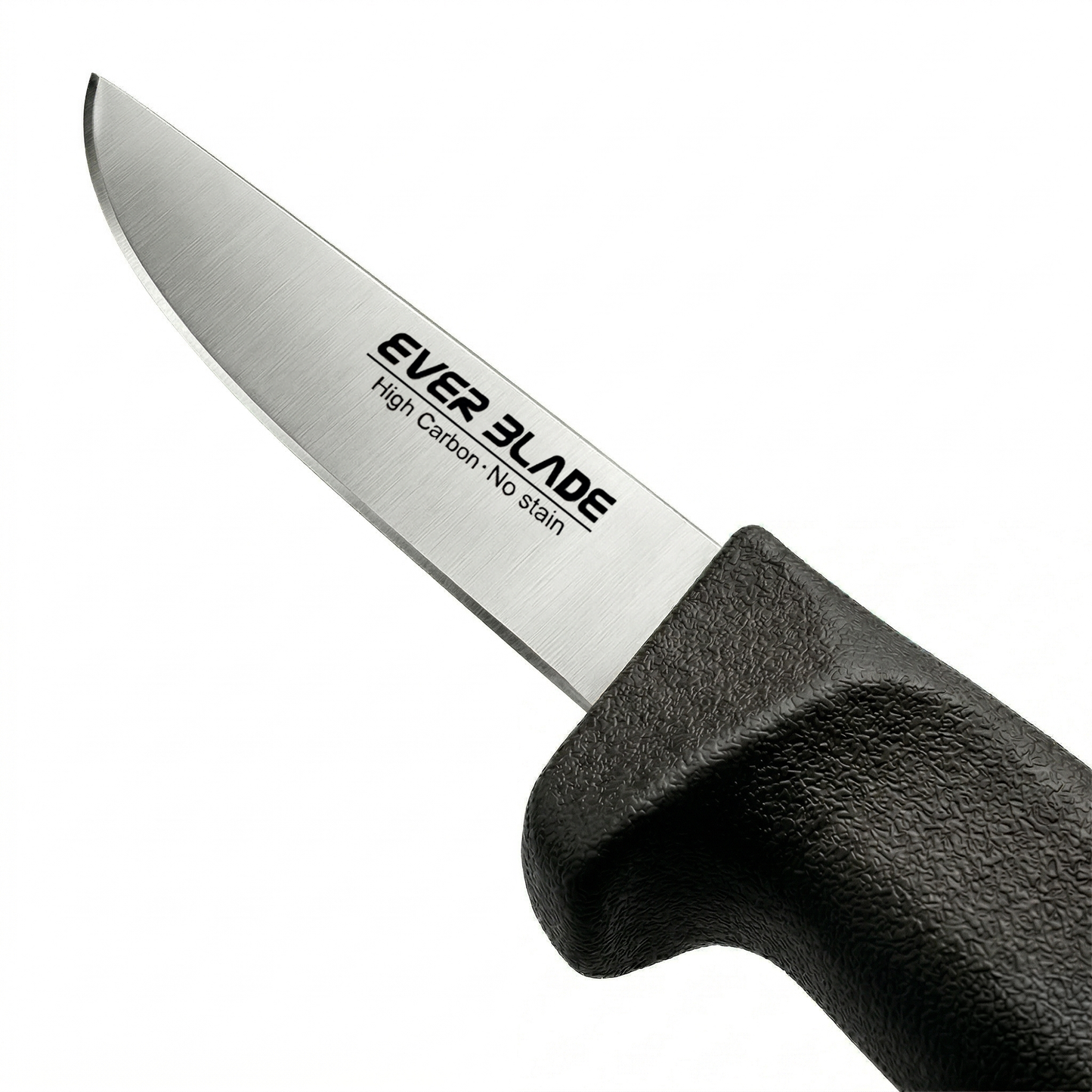 Close up of sharp high carbon steel blade on black kitchen knife
