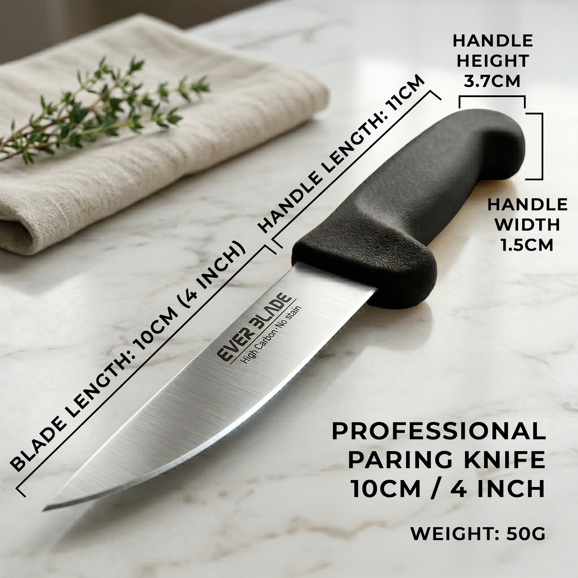 Black handled paring knife with non slip grip for safe use
