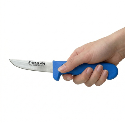 Close up of sharp high carbon steel blade on blue kitchen knife
