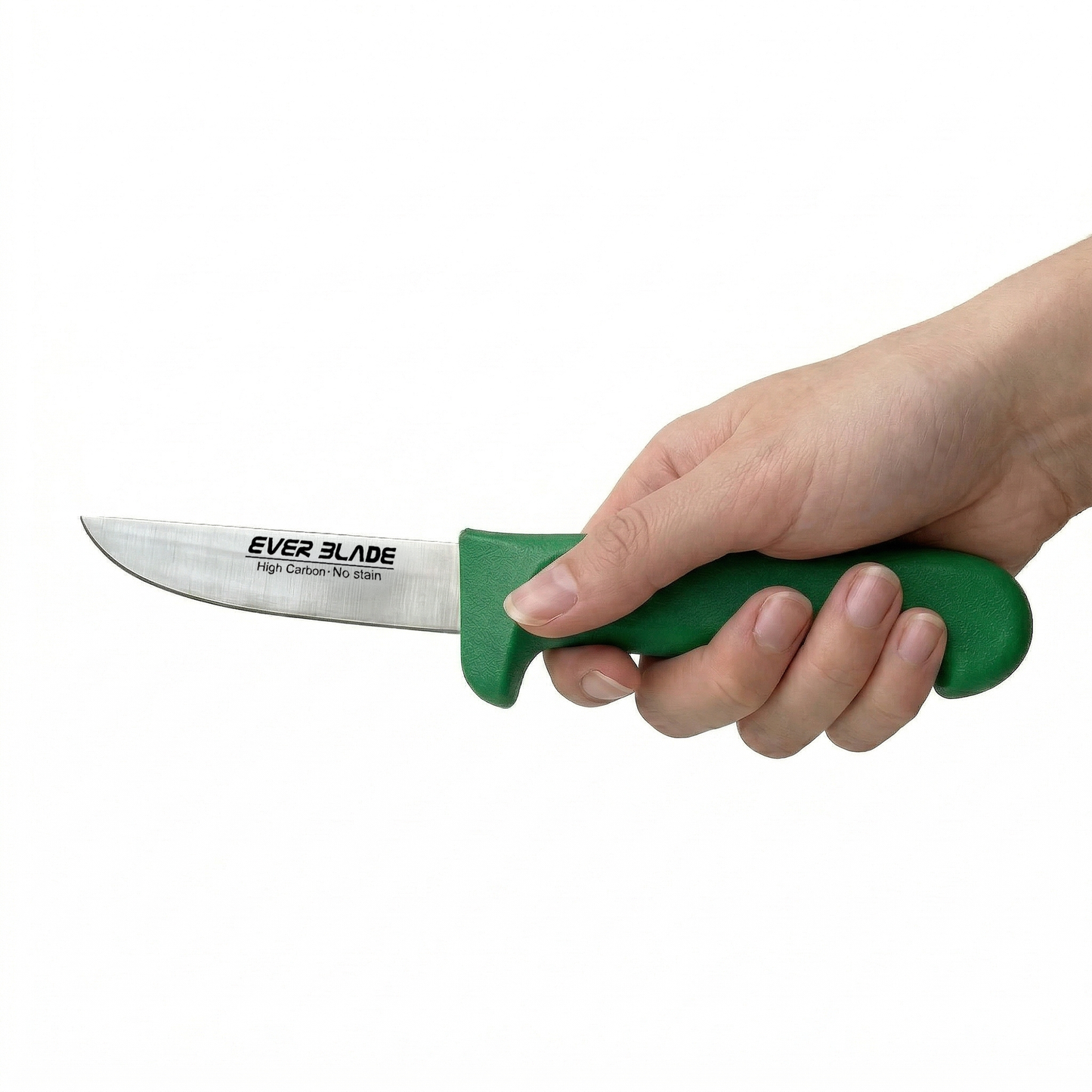 Close up of sharp high carbon steel blade on green kitchen knife
