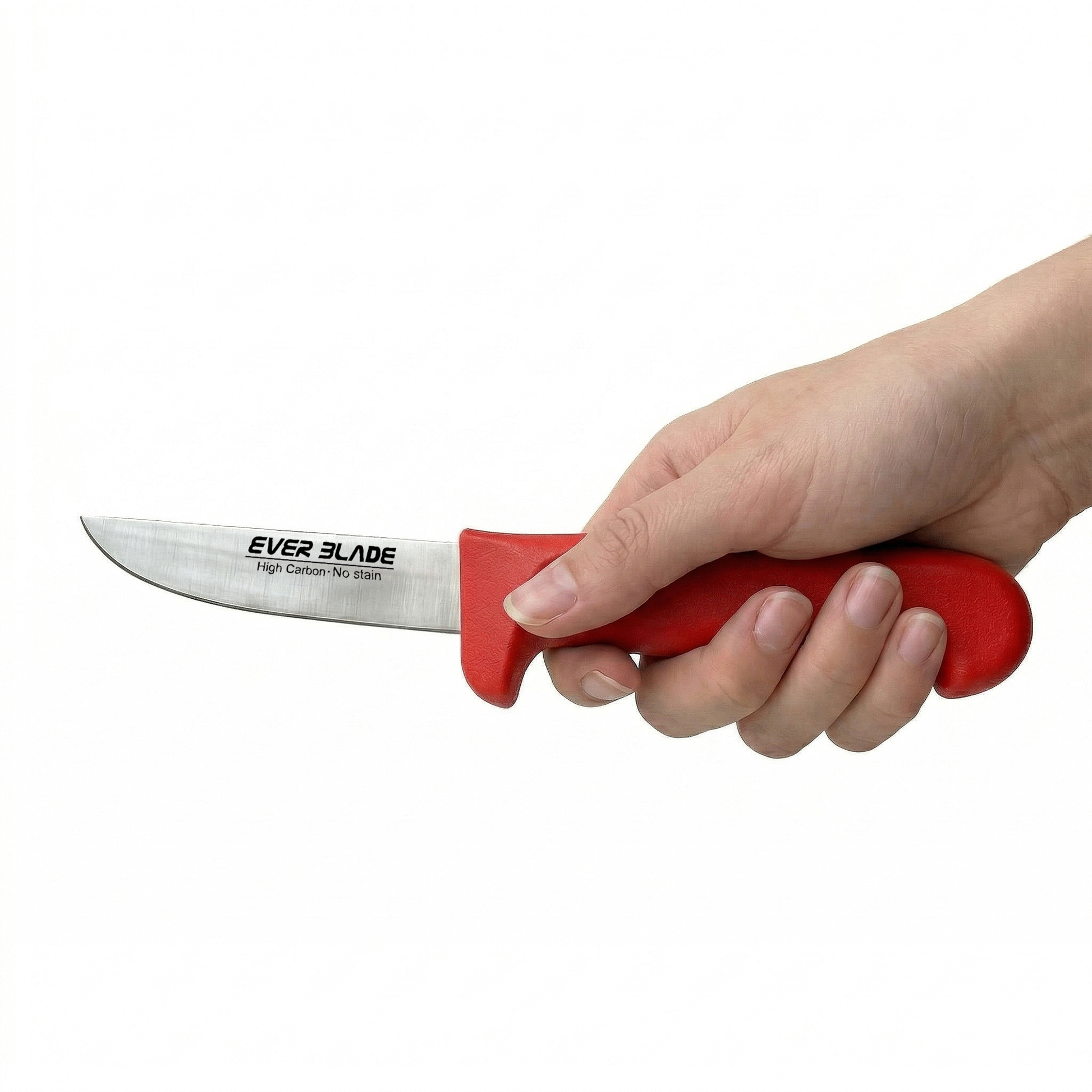 Close up of sharp high carbon steel blade on red kitchen knife
