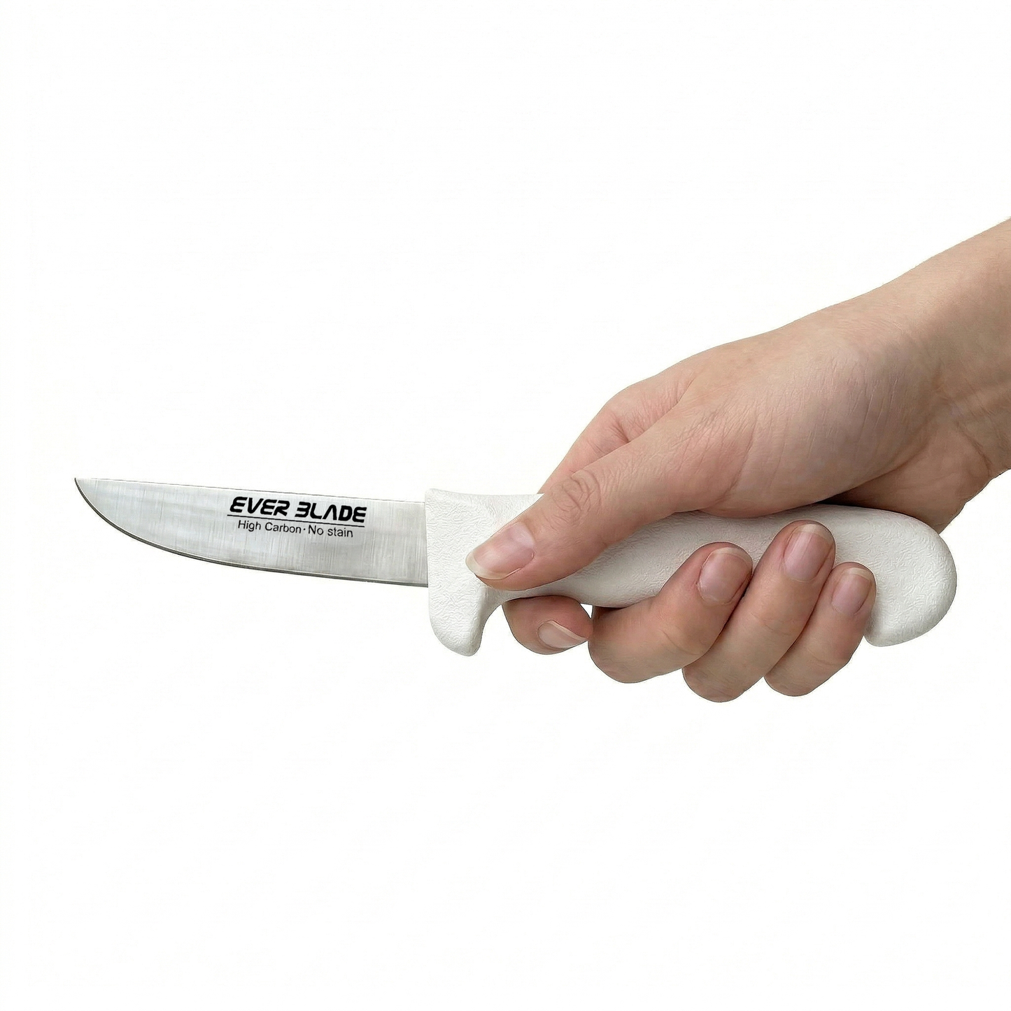 Close up of sharp high carbon steel blade on white kitchen knife
