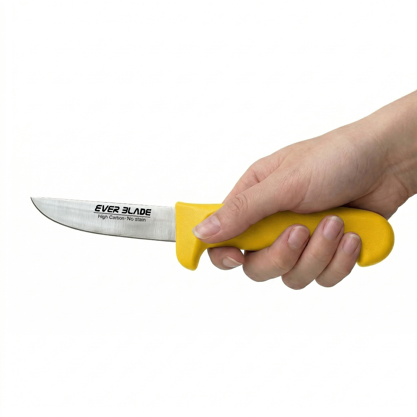 Close up of sharp high carbon steel blade on yellow kitchen knife