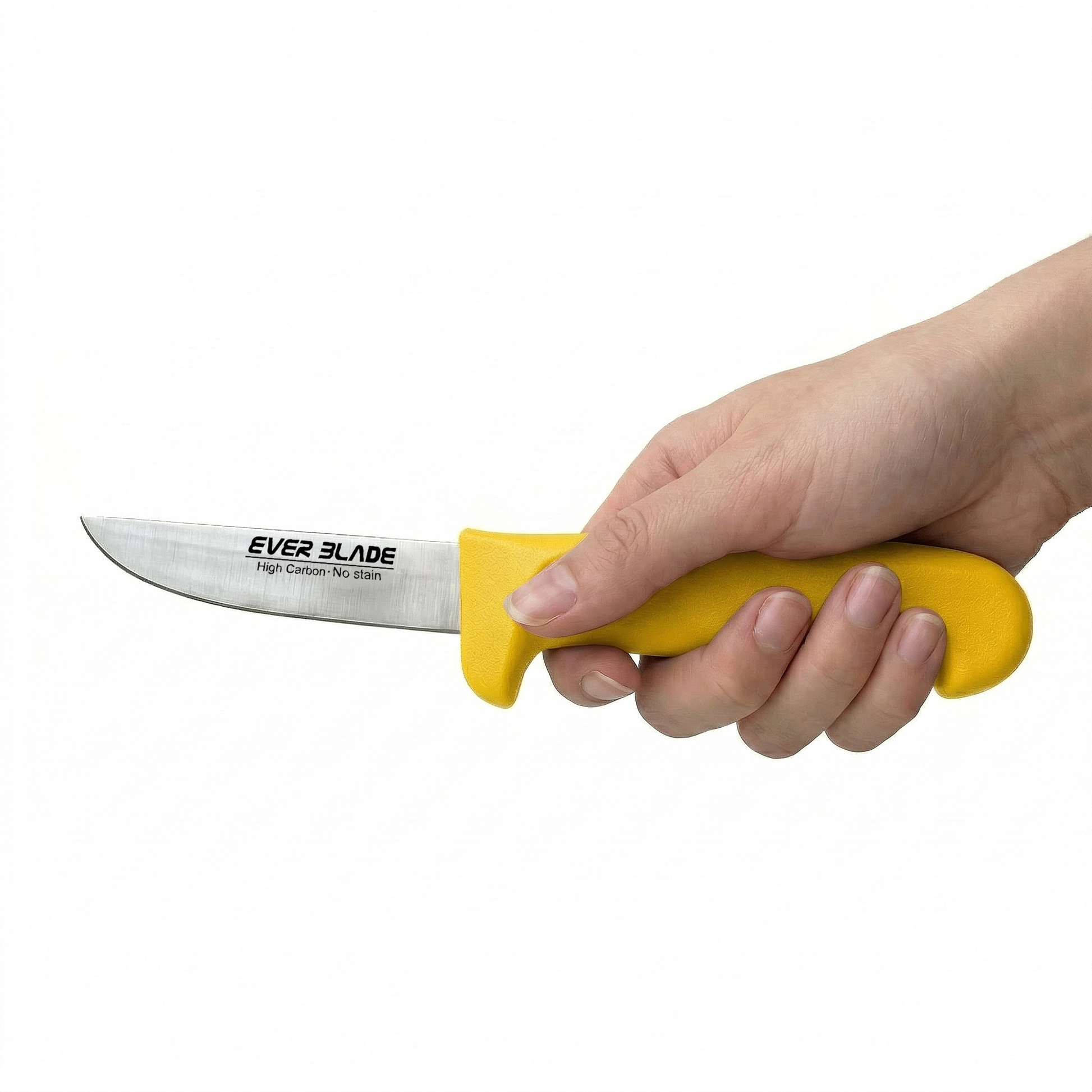Close up of sharp high carbon steel blade on yellow kitchen knife
