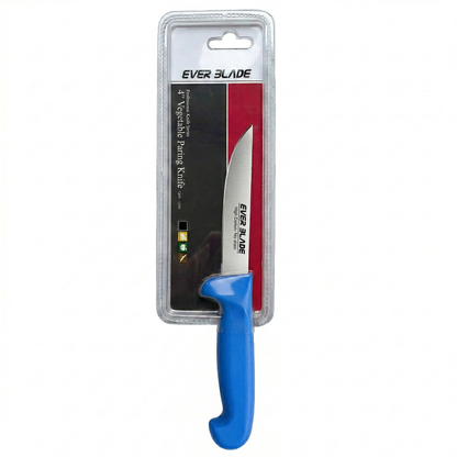 Blue handled paring knife with non slip grip for safe use
