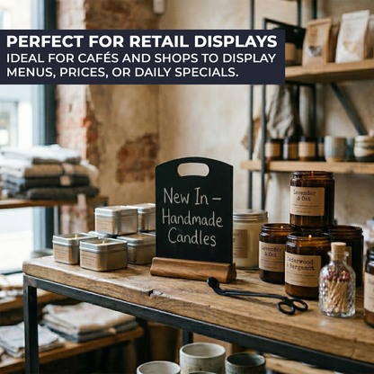 Compact black tabletop chalkboard sign for promotions and customer notices