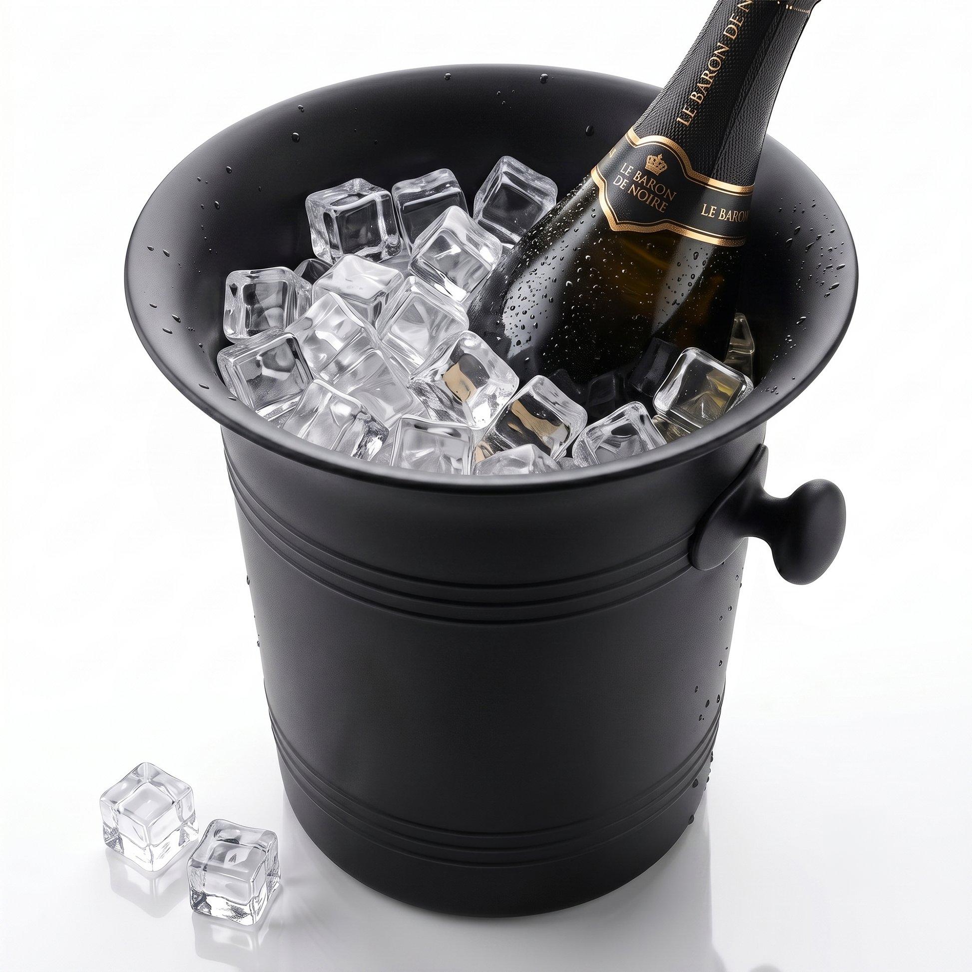 A matte black champagne bucket filled with clear ice cubes, with a chilled champagne bottle placed inside and two loose ice cubes on the white surface beside it.