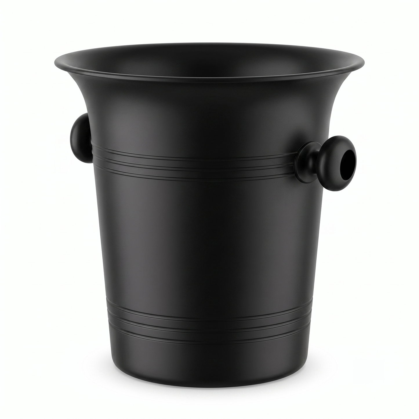 A matte black Plastic ice bucket with a flared rim, horizontal ribbed bands, and two spherical side handles, shown on a plain white background.