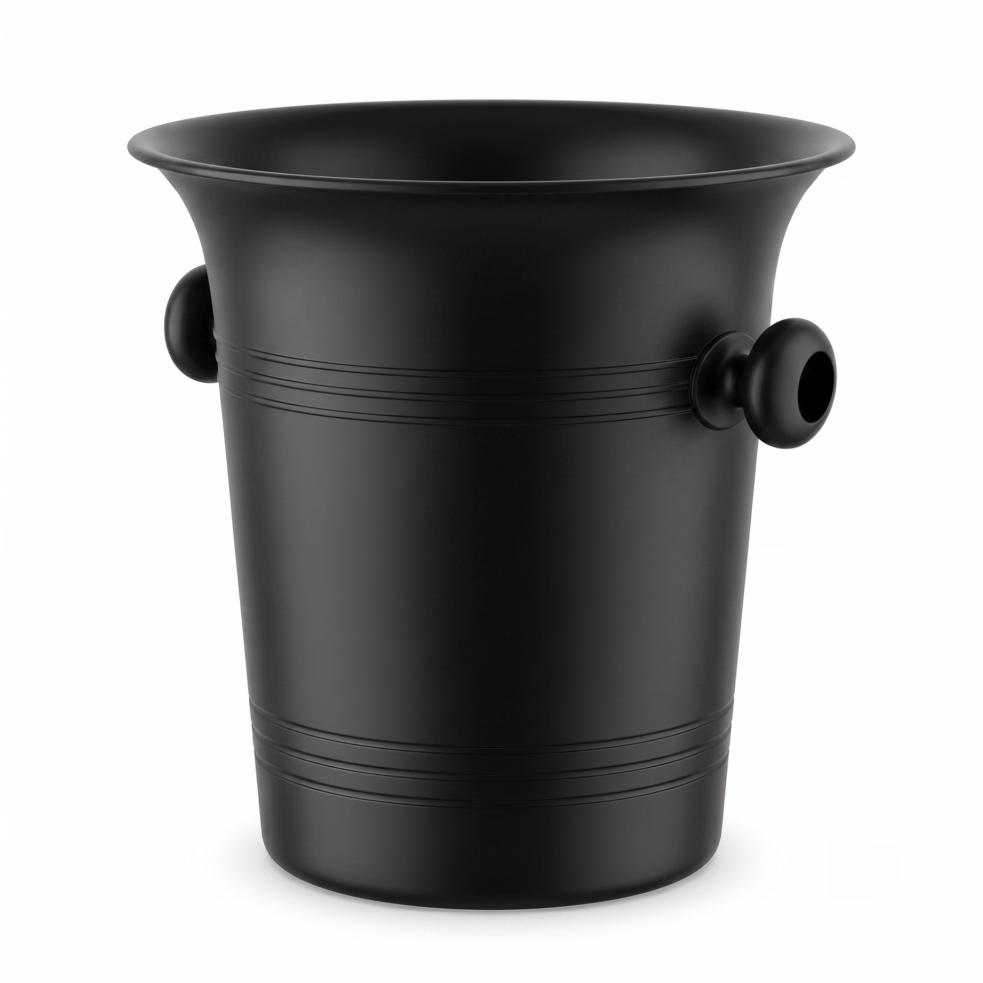 A matte black Plastic ice bucket with a flared rim, horizontal ribbed bands, and two spherical side handles, shown on a plain white background.